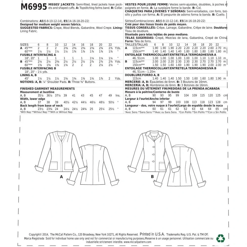 McCall's Sewing Pattern 6995‎ Jackets Misses Size 14-22